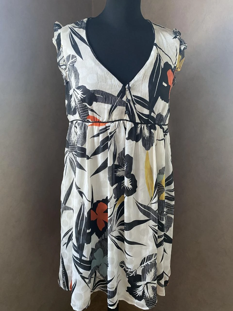 Robe Promod T38 blanche imprimé tropical noir jaune – fluide, doublée